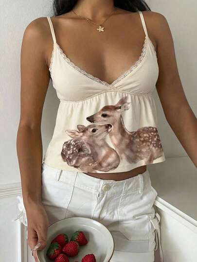 CovetEZ Áo hai dây nữ mùa xuân/hè kiểu dáng thường ngày, Áo hai dây ren in hình hươu màu mơ, Áo hai dây Sweet Home, Áo hai dây ren in hình động vật theo yêu cầu, Áo Sweet Deer, Áo hai dây ren ghép họa tiết hươu.