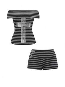 ROMWE Grunge Punk Bộ 2 món áo hở vai đinh tán sọc Y2K gợi cảm Punk & quần short mini cạp siêu thấp - Nhiều màu - Xem 1