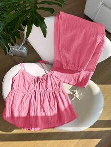 Comfortcana Woven Pink Linen Solid Color Camisole And Pants Set - Pink - View 4