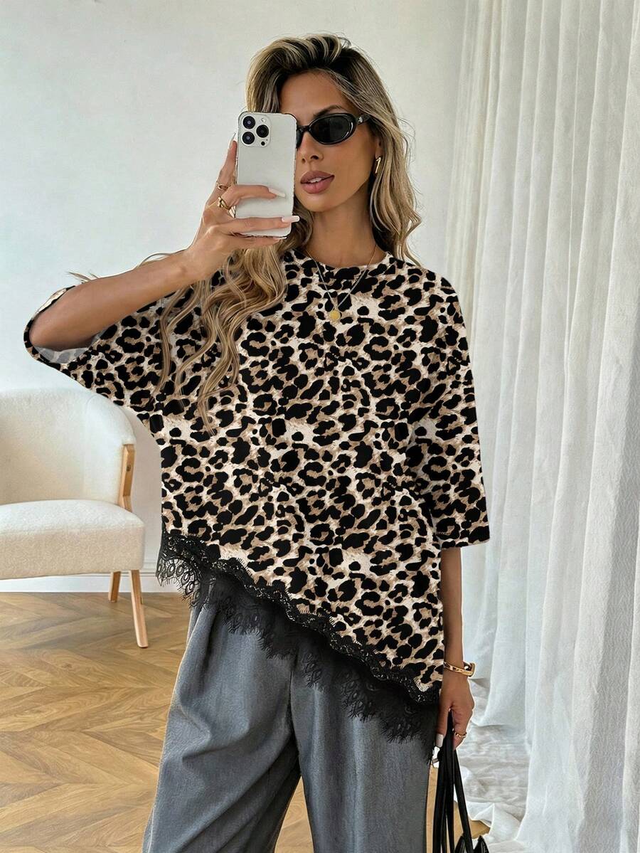 EMERY ROSE Camiseta casual de mujer con dobladillo asimétrico de encaje de unicolor, uso versátil diario, parte superior de ocio de primavera/verano, adecuada para vacaciones, verano, primavera, vacaciones de primavera y diversas ocasiones, incluyendo vestido de playa, camisa casual, ropa exterior y parte superior de verano. - Multicolor - Ver 1