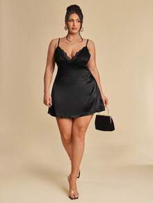 SHEIN BAE Plus Size Women's Black Summer Elegant Aniversário Satin Sleep Dress,Deep V-Neck Lace Patchwork Cami Nightdress With Adjustable Straps And Open Back - Black - View 3