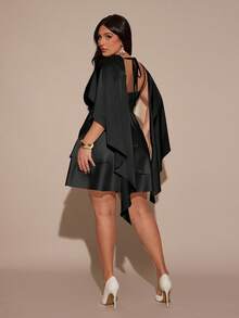 SHEIN BAE 大码女式秋冬缎面不对称下摆可调节肩带露背披肩领连衣裙 - 黑色 - 查看 2