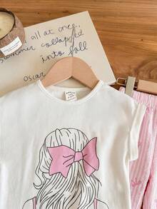 SHEIN LMoss Kids Bộ áo thun ngắn tay và quần dài cạp chun màu xanh dương cho bé gái mùa hè, họa tiết dễ thương. - Nhiều màu - Xem 7
