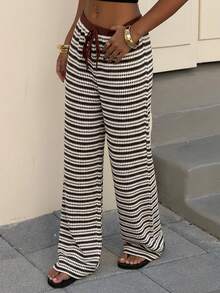 Muchica Brown Striped Knit Casual Pants For Women - Brown - View 3