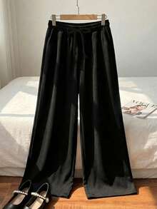 SHEIN 抽绳腰直筒宽松休闲裤 - 黑色 - 查看 4