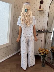 CottageSlumber Women's Plaid Cherry Print Square Neck Cardigan & Pants Pajama Set - Blue - View 2
