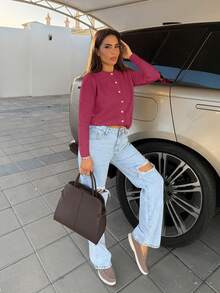 Milla Jasmine 女士简约百搭优雅开衫 - 玫紅色 - 查看 1