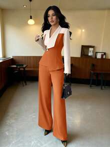 Elenzga Women's Autumn/Winter Office Business Casual Outerwear, Metal Decor Cinched Waist Asymmetrical Elegant Commuter Fashion Suit - Orange - View 3