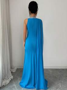 SHEIN Elenzya Women's Elegant Hollow Out Ruched Slit Flowy Dress Slit Dress Long Blue Dress One Shoulder Dress Elegant Occasion Dresses For Women Luxury Dresses For Women - Lake Blue - View 2