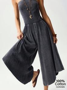 Bohemela Áo ống dệt kim màu trơn dáng rộng dành cho nữ và bộ jumpsuit ống rộng. - màu đen - Xem 1