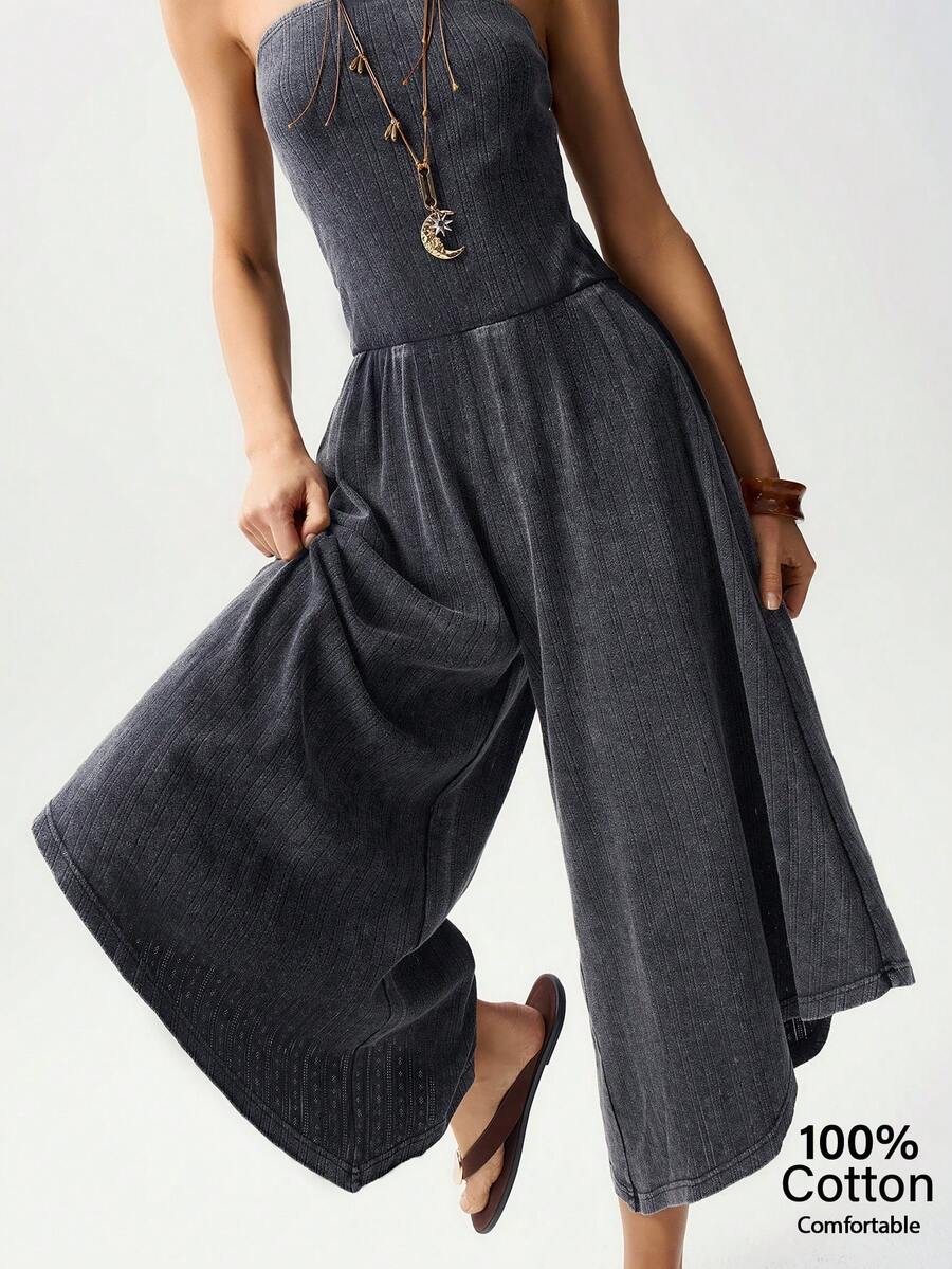 Bohemela Áo ống dệt kim màu trơn dáng rộng dành cho nữ và bộ jumpsuit ống rộng. - màu đen - Xem 1