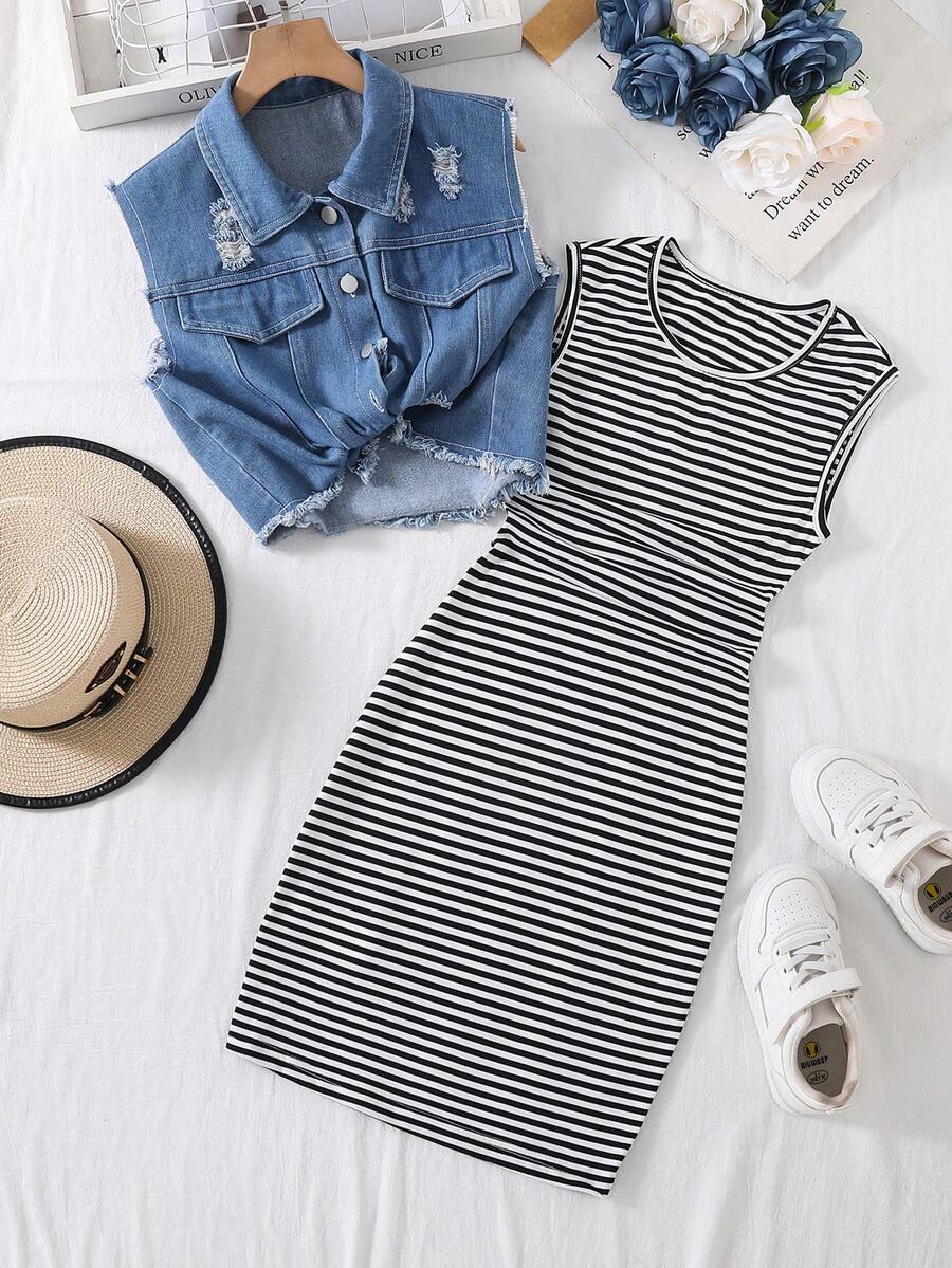 SHEIN 两件套少女黑色针织吊带连衣裙搭配牛仔背心，通勤休闲装 - 彩色 - 查看 1