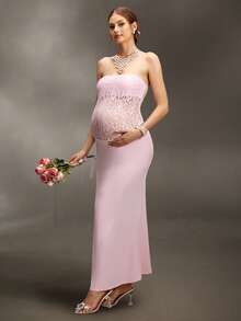 Cheriluna Maternity 孕妇撞色蕾丝修身优雅孕妇照拍摄连衣裙 - 淺粉色 - 查看 5