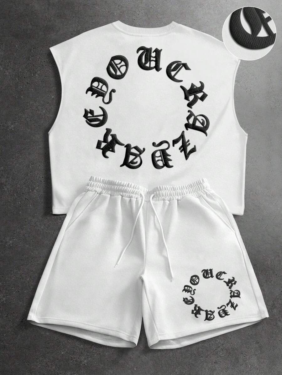 PAVTROS Men's Letter Print Round Neck Tank Top And Drawstring Waist Shorts Casual Suit - White - View 1