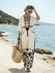 Franclia 女士印花图案长裤，适合通勤和优雅日常穿着 - 黑色 - 查看 3