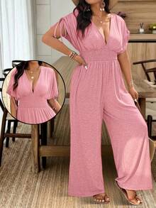 Weeklong Plus Size V-Neck Soft Knit Adjustable Shoulder Line Jumpsuit With Drawstring Waist, Casual Comfortable Outfit For Vacation - Pink - View 4