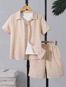 SHEIN Vacaura 青少年（男童）春夏休闲度假绅士红色短袖衬衫和短裤两件套 - 杏色 - 查看 6
