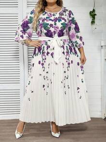 SHEIN CURVE+ Plus Size Women's Elegant White Summer Wedding Guest Printed Pleated Dress,Long Sundress For Beach Vacation,Graduation,Tea Party & Country Outfits - Purple - View 5