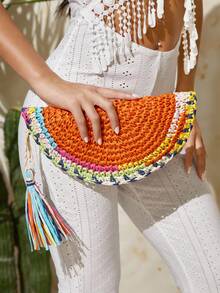 SHECARRY 女士手拿包，草编包，彩色流苏，时尚，优雅，简约，个性化，百搭，适合海滩、度假、假日、夏季、海边 - 橘色 - 查看 1