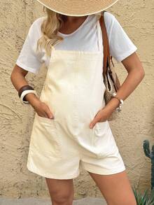 SHEIN Quần yếm denim hai túi dáng rộng, thích hợp cho kỳ nghỉ thai sản. - trắng - Xem 6