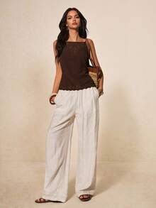 Poéselle 女士花卉刺绣装饰复古吊带背心性感露背度假背心 - 棕色 - 查看 2