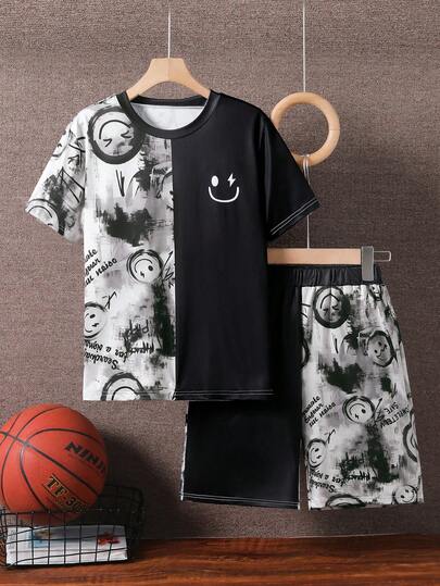 SHEIN 青少年男童宽松休闲度假不对称条纹短袖T恤和梭织短裤两件套