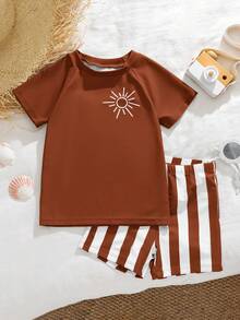 SHEIN Young Boy Classic Striped Sun Pattern Swimsuit Set,Slim Fit Round Neck Short Sleeve Shirt & Shorts,Fashionable Summer,Beach,Holiday Swimming Outfit - Brown - View 3