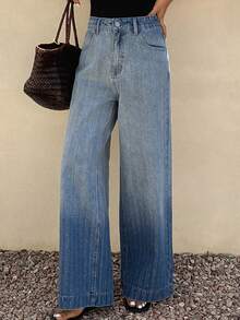 DAZY 女士宽松版型水钻装饰条纹牛仔裤 - 藍色 - 查看 1