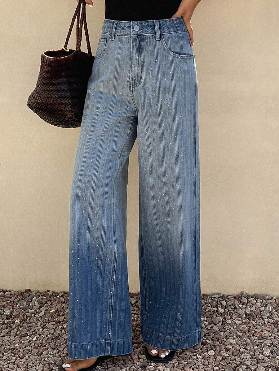 DAZY 女士宽松版型水钻装饰条纹牛仔裤 - 藍色 - 查看 1