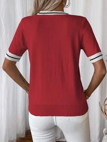 EMERY ROSE Women's Casual Everyday/Work Commute Contrast Stripe Pattern Twist Collar Short Sleeve Knit Top, Summer - Multicolor - View 2