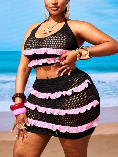Maweii Plus Size Women's Sweater Set,Multicolored, Black And Pink, Halter Top + Mini Skirt, Ultra-Short Top, Vacation, Seaside, Sexy Slimming, Elegant, Hot Girl, Women's Outings, Women's Knitted Suits, Women's Clothing, Summer, Spring, Swimwear, Thin Swimwear, Knitted Swimwear