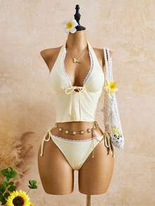 Swim Glamine Women's Lace Trim Halter Tie Tankini Top And Triangle Bottoms Casual Vacation Beach Swimsuit Set - Black - View 5