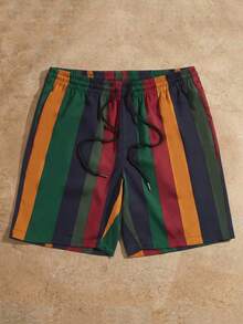 HIMLAND Hombre Pantalones cortos con estampado de rayas, ajustables con cordón en la cintura, holgados, frescos y coloridos para vacaciones al estilo bohemio - Multicolor - Ver 1