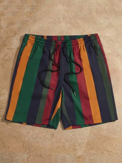 HIMLAND Men Striped Print Drawstring Waist Shorts Baggy Cool Stripe Colorful Vacation Boho