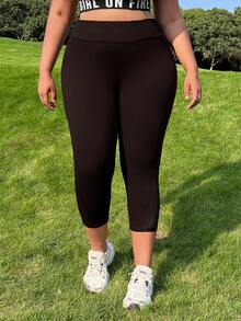 SHEIN EZwear 大码女式巧克力棕色撞色网纱高腰打底裤 - 巧克力棕 - 查看 3
