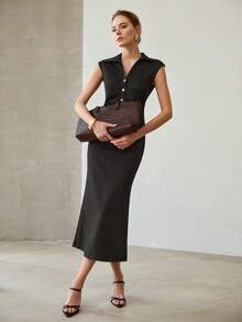 MOTF PREMIUM WOMEN'S RUCHED METAL BUTTON KNIT DRESS - Black - View 5