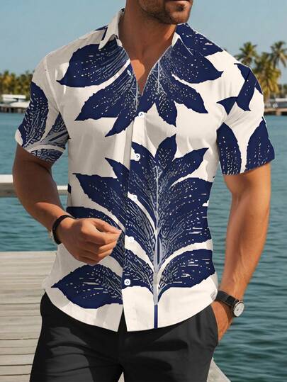 Manfinity RSRT Camisa de manga corta casual con estampado para vacaciones en la playa para hombres