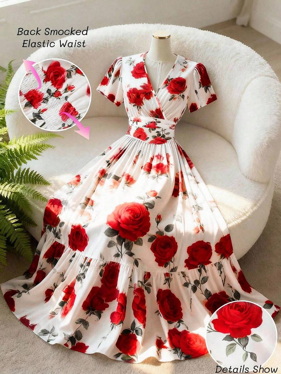 女士玫瑰印花V领A字短袖连衣裙，优雅百搭，适合日常、度假、通勤、情人节、约会、法式街头风、复古风、派对等场合，白色底色搭配粉色玫瑰图案，早春/春夏新款长裙 - 紅色 - 查看 1