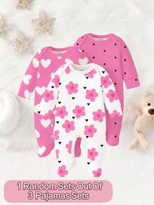SHEIN [Random 3 Sets, Send 1 Set] Cute Heart All-Over Print, Artistic Floral Print, Fuchsia Polka Dot Print, Newborn Footie Pajamas, Comfortable And Convenient, Spring/Summer Soft Casual Sleepwear Set, Makes Baby Look Adorable And Lively, Soft And Comfortable Fabric - Multicolor - View 6