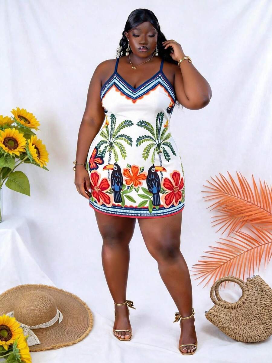 CurvyTilda Plus Size Women Casual Tropical Print Sleeveless Dress Party - Multicolor - View 1