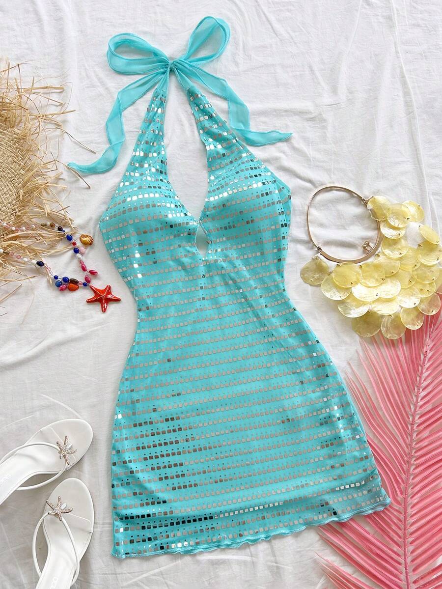 Soleia 新款休闲度假西部海滩婚礼宾客着装返校毕业早午餐圣帕特里克节春假复活节音乐节优雅波西米亚热带露背迷你连衣裙 - 淺藍色 - 查看 1