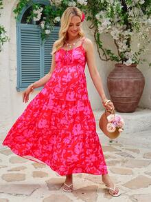 SHEIN Pregnant Women's Summer Beach Vacation Floral Print Tiered Hem Sleeveless Dress - Red - View 5