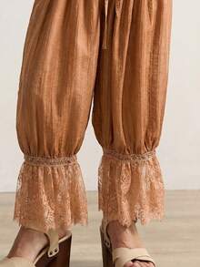 Bohemela 休闲编织拼接蕾丝边宽松女裤 - 棕色 - 查看 7