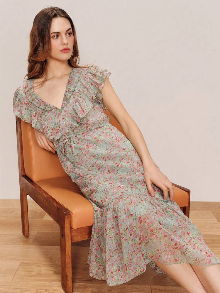 Green Floral-Print Ruffle Midi Dress With A V-Neckline And A Tie Waist Chic Style Spring Summer Vacation Dress Holiday Dress Wedding Guest Dress French Style Parisian Style Casual Dress