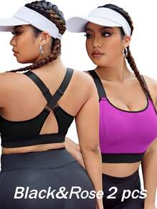 SHEIN Sports 加大码撞色包边交叉后背运动文胸，内置胸垫，不可拆卸胸垫，高支撑背心式设计，适合健身、瑜伽、跑步等运动，黑色，适合中国新年穿着 - 彩色 - 查看 2