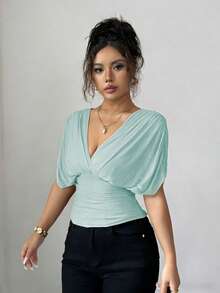 Elenzga 女士春夏网眼弹力针织内衬优雅度假沙滩装，通勤休闲法式浪漫交叉褶皱，肩部袖口收褶，腰部抽褶，可调节下摆荷叶边T恤上衣 - 薄荷綠 - 查看 7