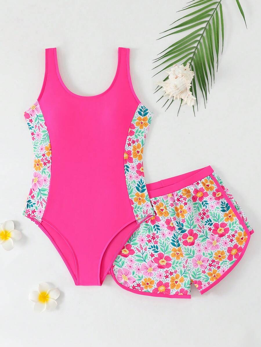 SHEIN Setelan Baju Renang Terusan dan Celana Pendek Motif Bunga Kecil Warna Pink untuk Remaja Perempuan, Baju Renang Liburan Pantai Musim Panas, 2 Potong - Berwarna merah muda - View 1