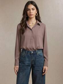 BizChic Women's Solid Color Lapel Cardigan Long Sleeve Drape Shirt, Basic Urban Commute Style, Simple Elegant Business Casual Outfit For Ladies, Teachers, Office Wear, Autumn - Dusty Purple - View 2