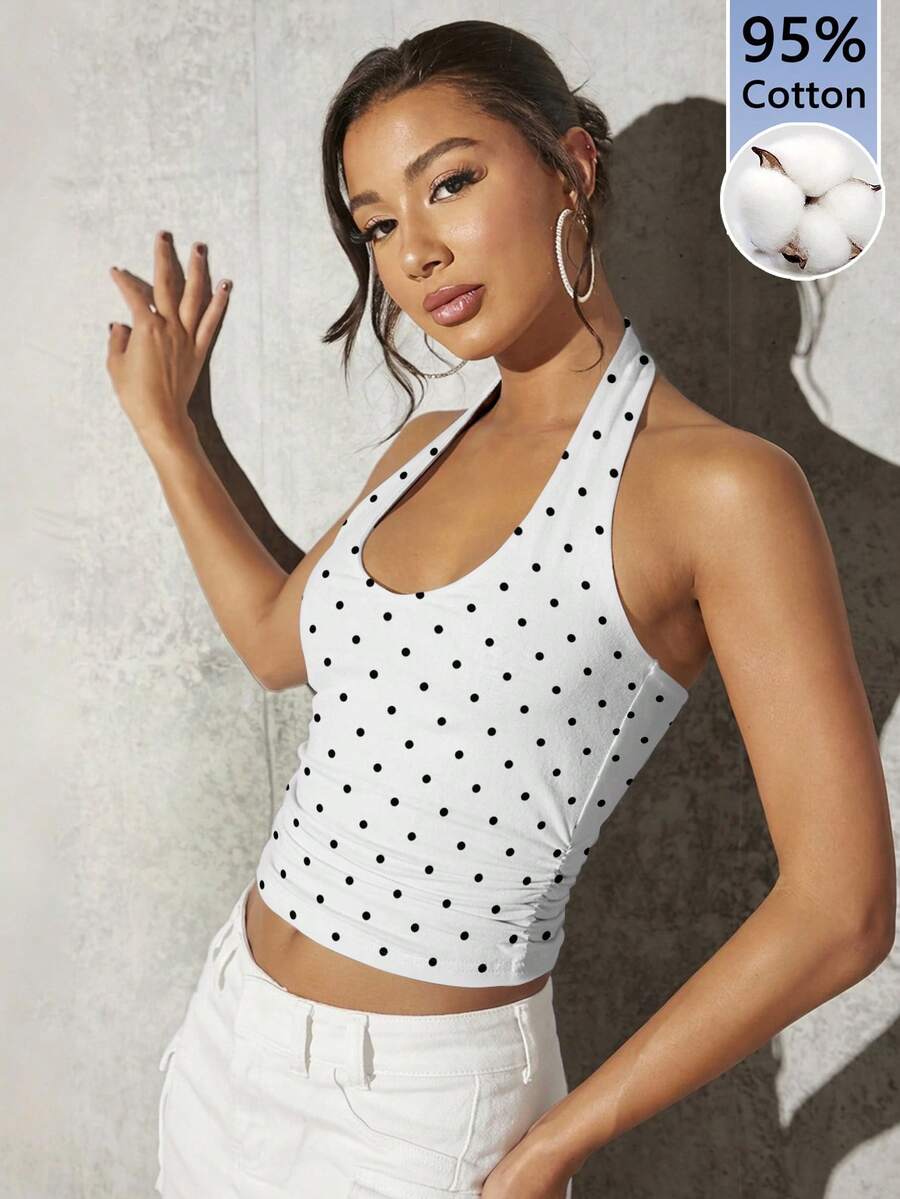SHEIN BAE 95%纯棉白色露背短款上衣,饰以经典黑白波点印花——性感修身街头风,优雅时尚,弹力十足,四季皆宜的基础款吊带背心,适合春夏海滩度假、音乐节、锐舞派对、演唱会和外出活动。 - 彩色 - 查看 1