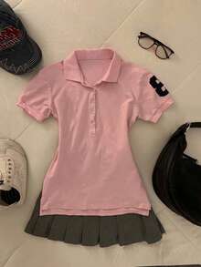 SHEIN Plus Size Women's Numeric Print Polo Collar Short Sleeve T-Shirt - Pink - View 1
